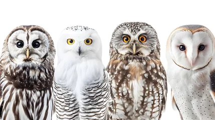 Poster Collection of portraits of different owl species, barn, eagle, snowy and little owl, isolated on a transparent background © Ziyan Yang