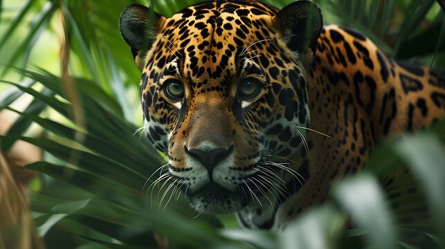 Close-up image of a jaguar in the tropical jungle
