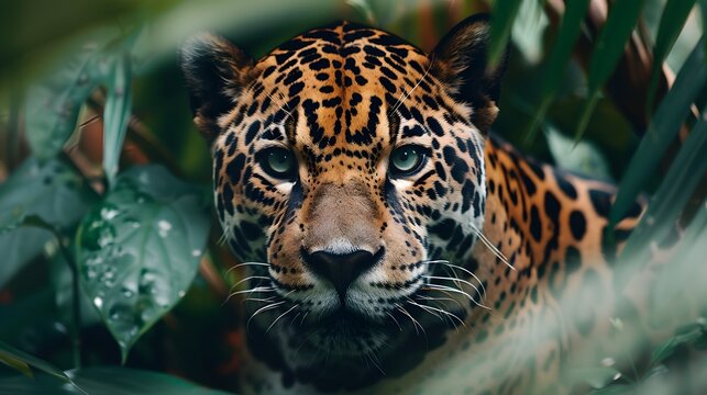 Close-up image of a jaguar in the tropical jungle
