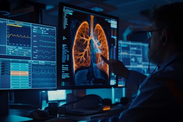 Medical professional examining a high-tech screen with a detailed visualization of a human respiratory system. The advanced pulmonary imaging showcases the bronchial tree structure within the lungs. - obrazy, fototapety, plakaty