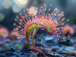 Create an abstract representation of a Sundew focusing on the plants unique form and capturing its carnivorous nature in a stylized