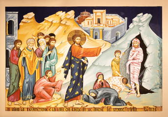 MILAN, ITALY - MARCH 6, 2024: The icon Resurrection of Lazarus in the church Chiesa dei Santi Nereo e Achilleo by Iulian Rosu.