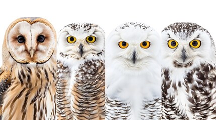 Collection of portraits of different owl species, barn, eagle, snowy and little owl, isolated on a transparent background