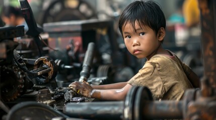 a young asian chinese kid working in a manufactory, illegal child labour in terrible working conditions. wallpaper background - obrazy, fototapety, plakaty