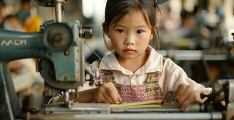 a young asian chinese kid working in a sewing  factory, illegal child labour in terrible working conditions. wallpaper background