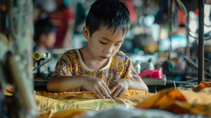 a young asian chinese kid working in a sewing  factory, illegal child labour in terrible working conditions. wallpaper background