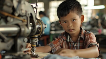 a young asian chinese kid working in a sewing  factory, illegal child labour in terrible working conditions. wallpaper background - obrazy, fototapety, plakaty