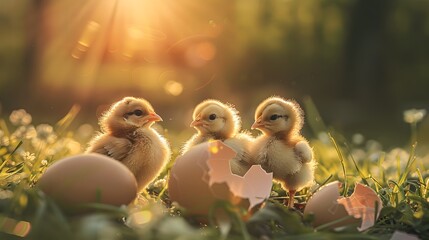 Hatched chicks next to their broken egg shells in the spring - obrazy, fototapety, plakaty