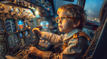 Child in airplane cockpit flying wit sky view. Labor day concept. - obrazy, fototapety, plakaty