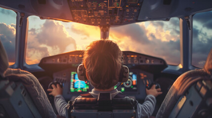 Fototapeta premium Child in airplane cockpit flying wit sky view. Labor day concept.