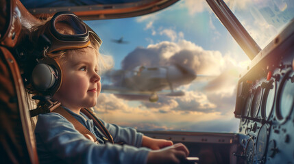 Child in airplane cockpit flying wit sky view. Labor day concept.