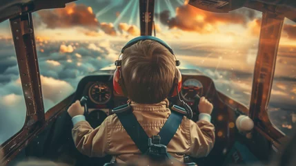 Foto op Canvas Child in airplane cockpit flying wit sky view. Labor day concept. © Shahir