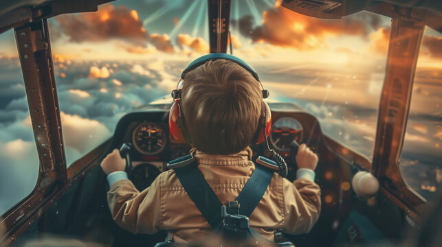 Child in airplane cockpit flying wit sky view. Labor day concept. - Powered by Adobe