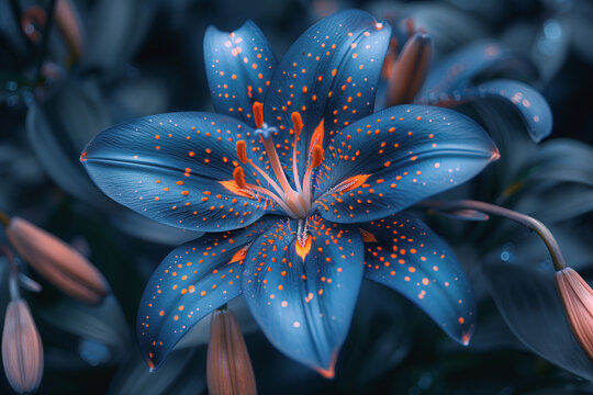 A cluster of light blue lilies with orange freckles stands out against a moody, dark background