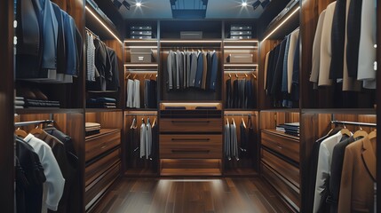 ﻿﻿Modern dark wooden walk in wardrobe with clothes hanging on rods, shelves and drawers. Dressing room with space for storing and organizing. Interior design of luxury walk in closet. 