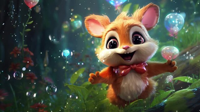 Adorable squirrel exploring the enchanting wonders of the mystical fantasy forest Seamless looping 4k time-lapse virtual video animation background. Generated AI
