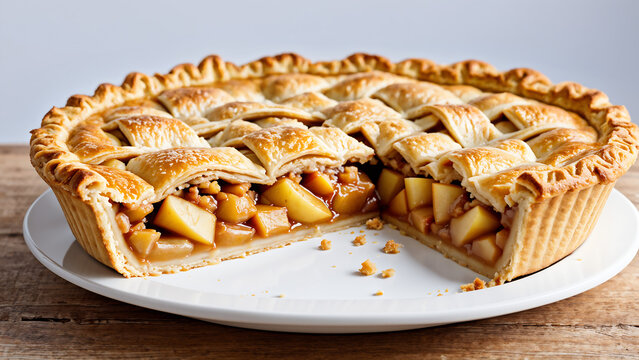 Photo of deliciously baked apple pie. Generative AI.