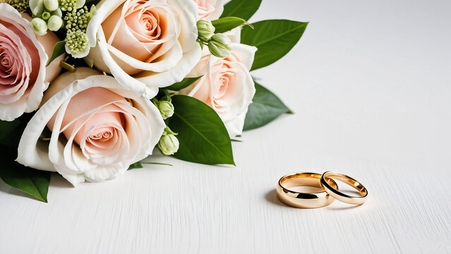 Beautiful flowers and wedding rings image. generative AI.