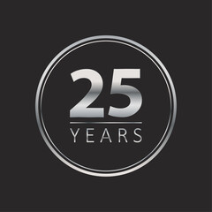 25 years for celebration events, anniversary, commemorative date. silver twenty five years logo. badge
