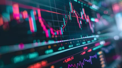 Fotobehang Glowing lines and diagram stock market financial chart on digital screen, monitor, investment, presentation.  © Almultazam