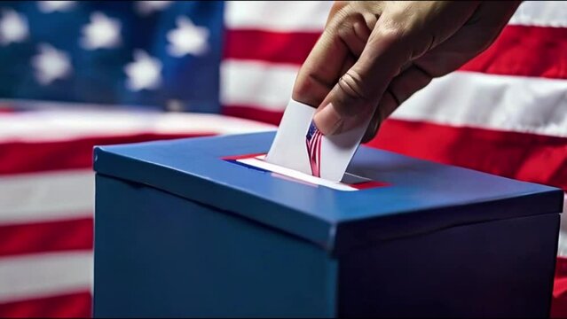 drops a piece of paper into a ballot box, the concept of election day. Making a political choice by voting for a candidate at a polling station is a civic responsibilit