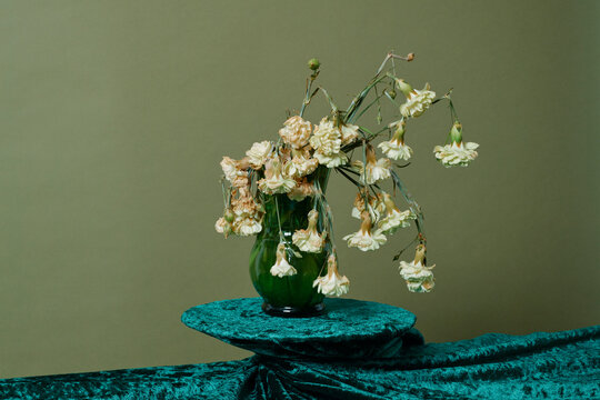 vase with some wilted carnations on a stand