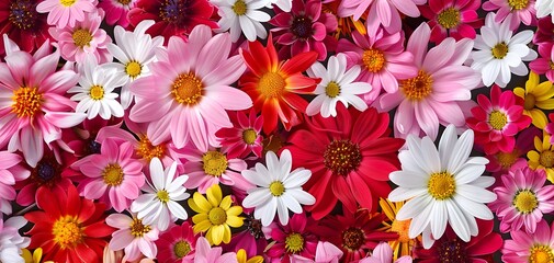 Floral background concept with Variety of daisies or Garbera flowers, multicolor, wallpaper. banner, presentation. 