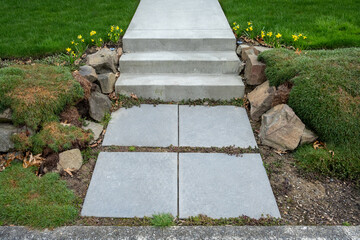 Cement walkway and stairs leading from sidewalk to lawn, bordered by dwarf daffodils
