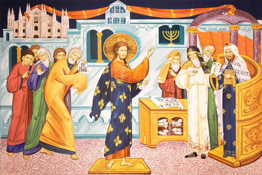 MILAN, ITALY - MARCH 6, 2024: The icon Jesus reproves the Scribes and Pharisees in the church Chiesa dei Santi Nereo e Achilleo by Iulian Rosu.