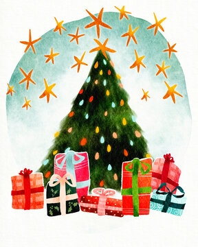  Christmas Presents under an Christmas tree  illustration
