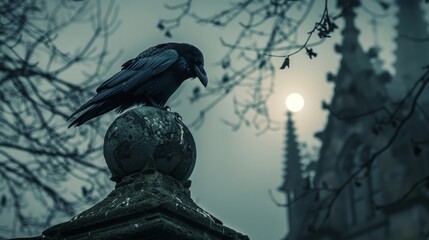 A crow is perched on a stone pillar in front of a building