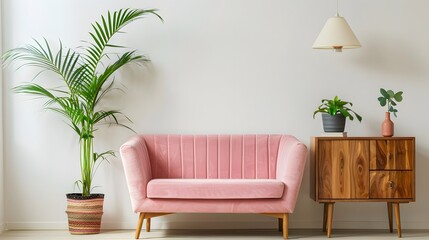 Pink velvet loveseat sofa, wooden cabinet and potted houseplant against venetian stucco wall. 