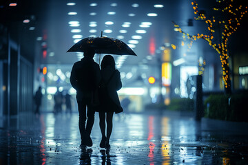 雨の中仲良く歩くカップル