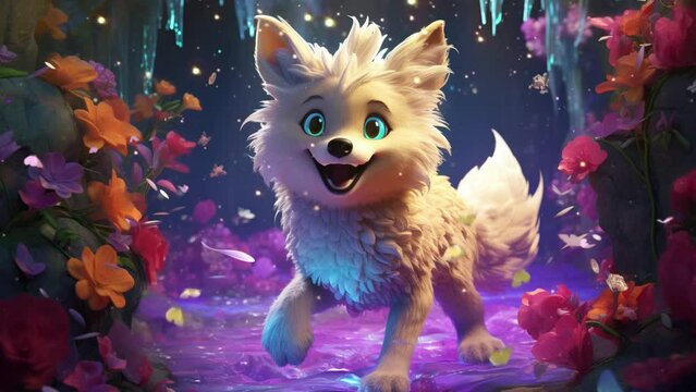 Charming wolf exploring the mystical fantasy woodland Seamless looping 4k time-lapse virtual video animation background. Generated AI