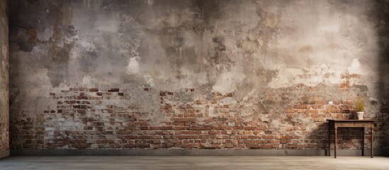 Aged room with distressed brick wall backdrop and cement surface