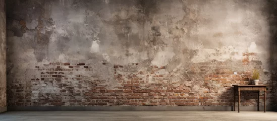 Foto op Plexiglas Aged room with distressed brick wall backdrop and cement surface © Vusal