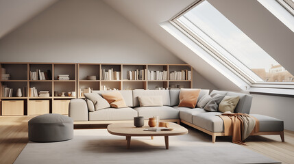 Cozy Attic Living Space with Bookshelves, Comfy Sofa, and Skylights in a Modern Home