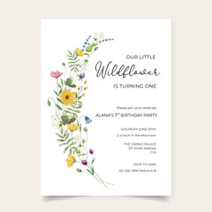 Wildflower 1st Invitation Birthday Template, Girl First Birthday Invitation