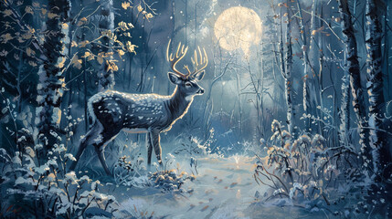 Amidst the icy embrace of the winter woods, a noble deer stands bathed in the soft glow of moonlight, its coat shimmering with hues of silver and gray. The  l 