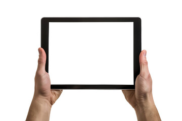 Male handheld tablet computer has a blank white screen and a transparent background. Screen display for mockup. - obrazy, fototapety, plakaty