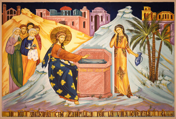 MILAN, ITALY - MARCH 6, 2024: The iocn Jesus and the Samaritan woman in the church Chiesa dei Santi Nereo e Achilleo by Iulian Rosu.