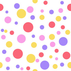 Red, pink, yellow and lilac polka dots isolated on white background. Seamless pattern. Background for paper, cover, fabric, textile, dishes, interior decor. 