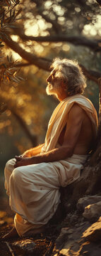 Greek philosopher, Toga, Pensive thinker, Contemplating under ancient olive trees, Warm sunlight, Realistic, Golden hour, Depth of field bokeh effect