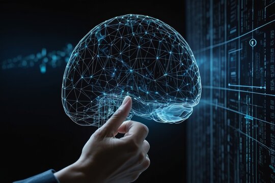 Hand using tablet and human brain head up display network technology for global communication background. Digital data and internet computer social concept. Big data Artificial intelligence theme - Powered by Adobe