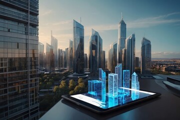 Fototapeta na wymiar Making using digital tablet and modern buildings hologram. Real estate business and building technology concept. Generated AI
