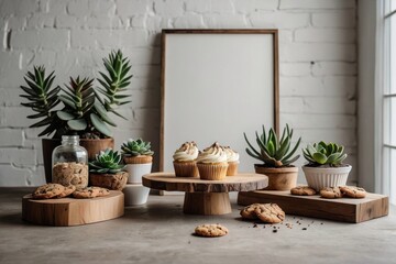 minimal empty white wall mockup, wooden rustic dessert table with succulents shaped cupcake and cookies, modern and farmhouse style
