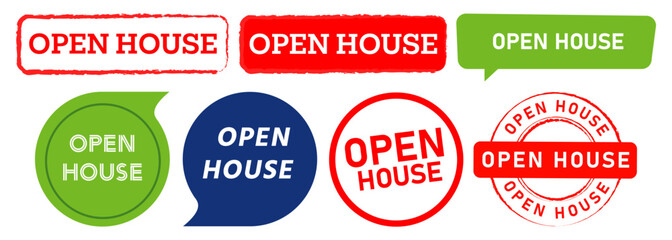 open house stamp and speech bubble label sticker sign announcement information commerce