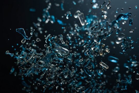 Macro photograph of non-recyclable microplastic particles on a dark background, symbolizing water pollution and global warming.