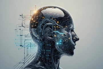 Head 3D Brain Technology Concept Mask Model Art Science Human Mannequin X-ray: Illustration depicting the anatomy of the human skull and brain, symbolizing creativity, technology, and thinking