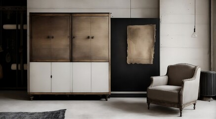 An elegantly weathered antique armoire stands gracefully beside a plush ivory couch against a stark backdrop of industrial concrete, adorned with a striking abstract poster. 